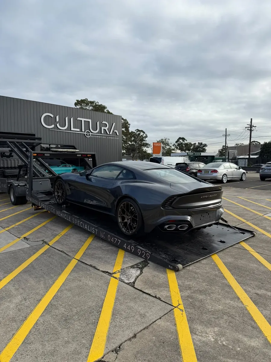 Aston Martin loaded on HaulKing's low-angle tray at Cultura Automotive, Sydney