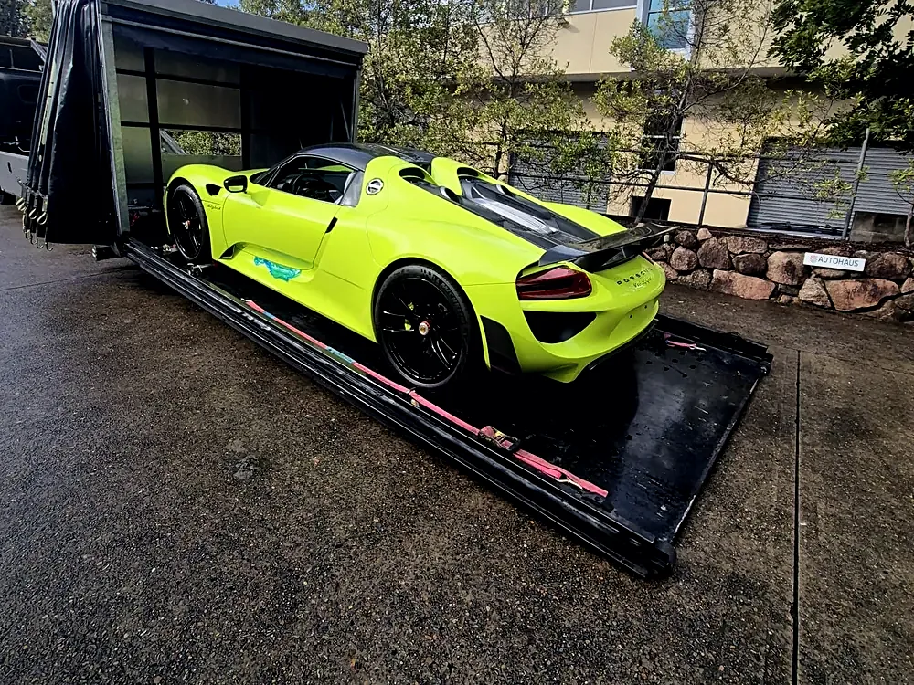 Acid green Porsche 918 Spyder loaded on HaulKing's tray