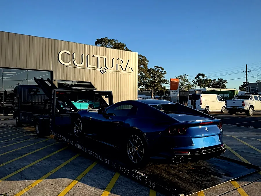 Blue Ferrari 812 on HaulKing's tray at Cultura Automotive, Sydney
